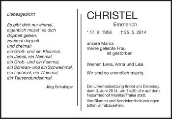 Traueranzeige von Christel Emmerich von Echo-Zeitungen (Gesamtausgabe)