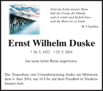 Traueranzeige von Ernst Wilhelm Duske von Echo-Zeitungen (Gesamtausgabe)