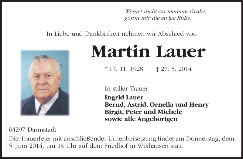  Traueranzeige für Martin Lauer vom 02.06.2014 aus Echo-Zeitungen (Gesamtausgabe)