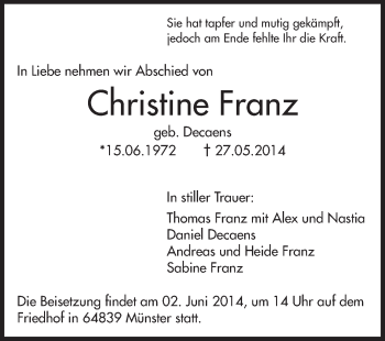 Traueranzeige von Christine Franz von Echo-Zeitungen (Gesamtausgabe)