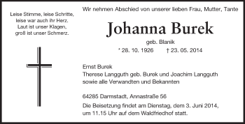 Traueranzeige von Johanna Burek von Echo-Zeitungen (Gesamtausgabe)