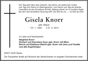 Traueranzeige von Gisela Knorr von Rüsselsheimer Echo, Groß-Gerauer-Echo, Ried Echo