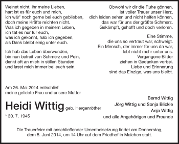 Traueranzeige von Heidi Wittig von Echo-Zeitungen (Gesamtausgabe)