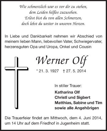 Traueranzeige von Werner Olf von Echo-Zeitungen (Gesamtausgabe)
