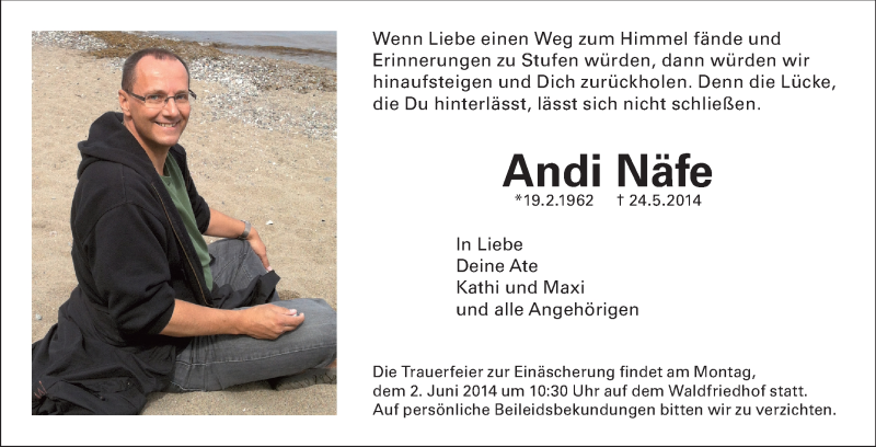  Traueranzeige für Andi Näfe vom 31.05.2014 aus Echo-Zeitungen (Gesamtausgabe)