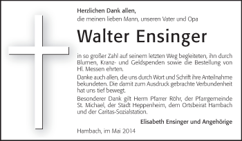 Traueranzeige von Walter Ensinger von Starkenburger Echo, Bergsträßer Anzeiger