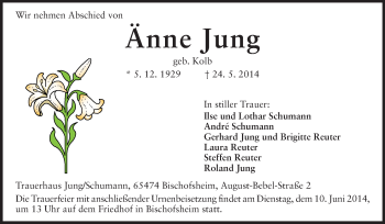 Traueranzeige von Änne Jung von Rüsselsheimer Echo, Groß-Gerauer-Echo, Ried Echo