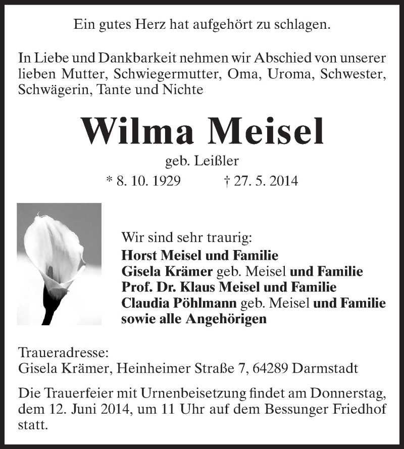  Traueranzeige für Wilma Meisel vom 31.05.2014 aus Echo-Zeitungen (Gesamtausgabe)