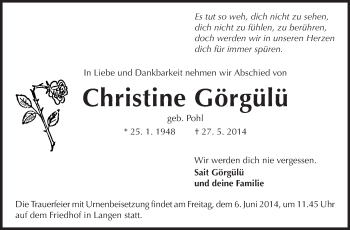 Traueranzeige von Christine Görgülü von Echo-Zeitungen (Gesamtausgabe)
