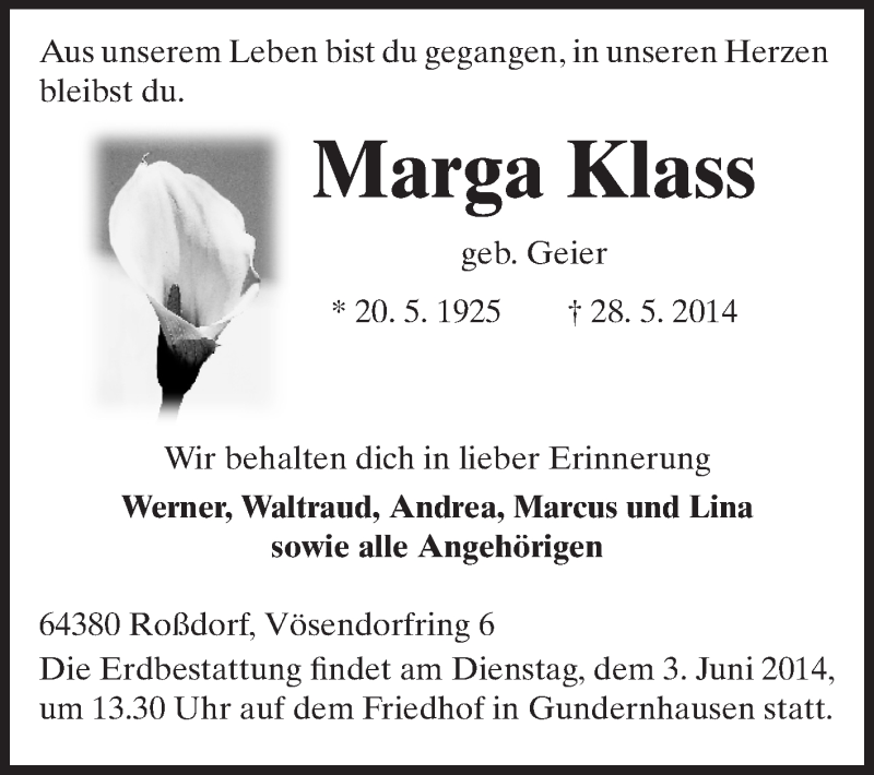  Traueranzeige für Marga Klass vom 31.05.2014 aus Echo-Zeitungen (Gesamtausgabe)