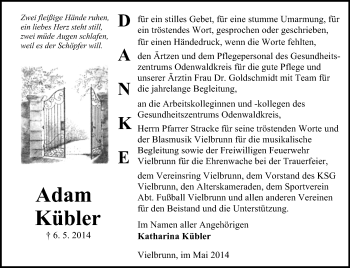 Traueranzeige von Adam Kübler von Odenwälder Echo