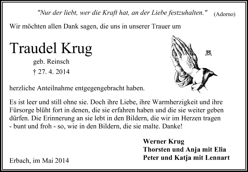  Traueranzeige für Traudel Krug vom 31.05.2014 aus Odenwälder Echo