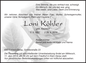 Traueranzeige von Loni Köhler von Rüsselsheimer Echo, Groß-Gerauer-Echo, Ried Echo