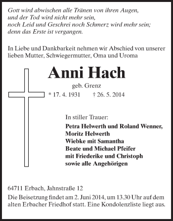 Traueranzeige von Anni Hach von Odenwälder Echo