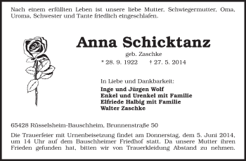 Traueranzeige von Anna Schicktanz von Rüsselsheimer Echo, Groß-Gerauer-Echo, Ried Echo