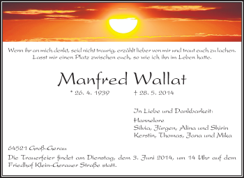 Traueranzeige von Manfred Wallat von Rüsselsheimer Echo, Groß-Gerauer-Echo, Ried Echo