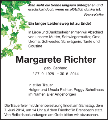 Traueranzeige von Margarete Richter von Echo-Zeitungen (Gesamtausgabe)