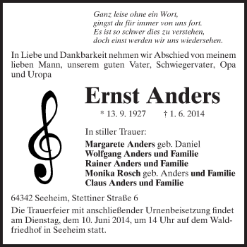 Traueranzeige von Ernst Anders von Echo-Zeitungen (Gesamtausgabe)