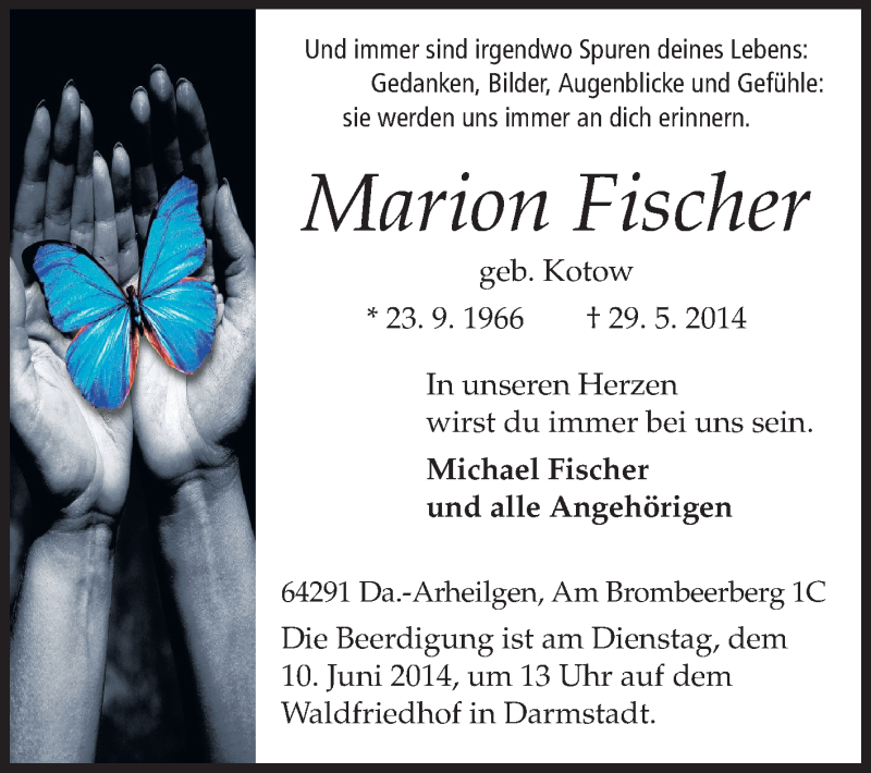 Traueranzeige für Marion Fischer vom 04.06.2014 aus Echo-Zeitungen (Gesamtausgabe)