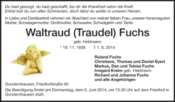 Traueranzeige von Waltraud Traudel Fuchs von Echo-Zeitungen (Gesamtausgabe)