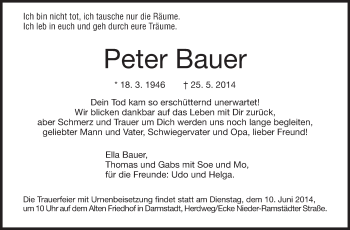 Traueranzeige von Peter Bauer von Echo-Zeitungen (Gesamtausgabe)