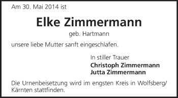 Traueranzeige von Elke Zimmermann von Echo-Zeitungen (Gesamtausgabe)