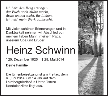 Traueranzeige von Heinz Schwinn von Odenwälder Echo