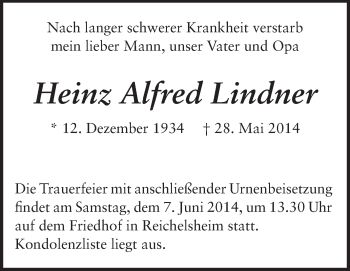Traueranzeige von Heinz Alfred Lindner von Odenwälder Echo