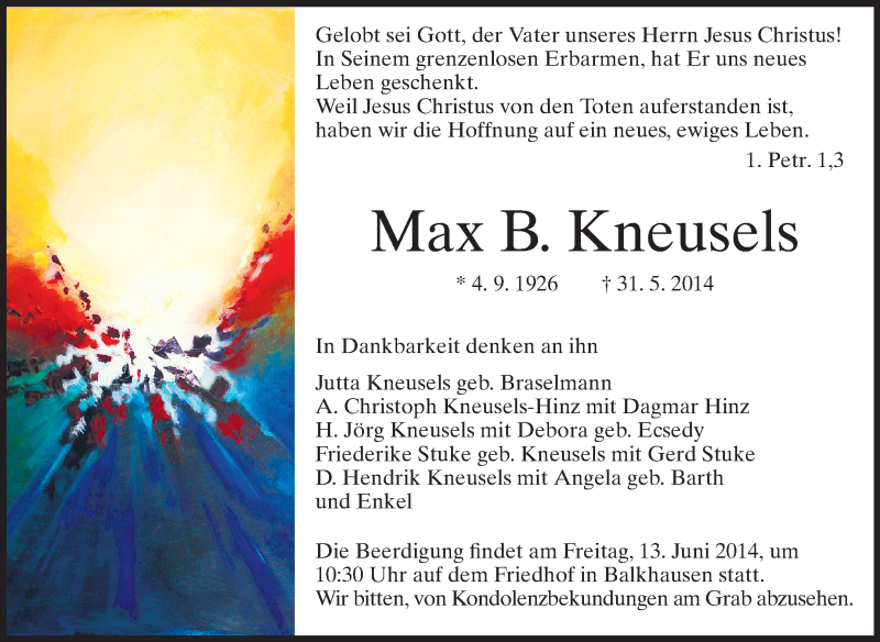  Traueranzeige für Max B. Kneusels vom 07.06.2014 aus Echo-Zeitungen (Gesamtausgabe)