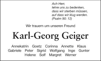 Traueranzeige von Karl-Georg Geiger von Echo-Zeitungen (Gesamtausgabe)