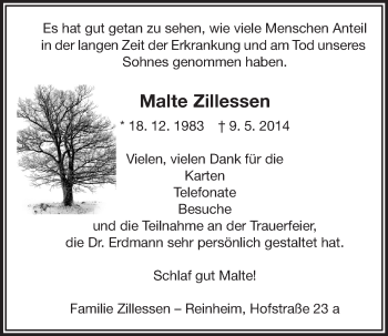 Traueranzeige von Malte Zillessen von Darmstädter Echo, Odenwälder Echo, Rüsselsheimer Echo, Groß-Gerauer-Echo, Ried Echo