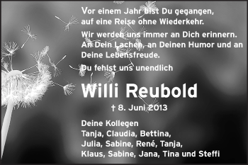 Traueranzeige von Willi Reubold von Odenwälder Echo