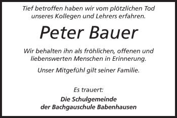 Traueranzeige von Peter Bauer von Echo-Zeitungen (Gesamtausgabe)