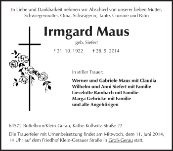 Traueranzeige von Irmgard Maus von Rüsselsheimer Echo, Groß-Gerauer-Echo, Ried Echo