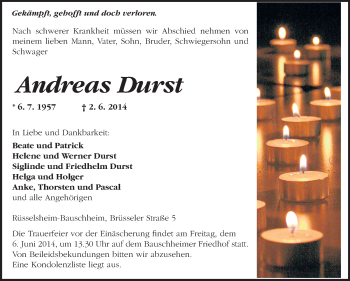 Traueranzeige von Andreas Durst von Rüsselsheimer Echo, Groß-Gerauer-Echo, Ried Echo