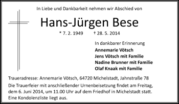 Traueranzeige von Hans-Jürgen Bese von Odenwälder Echo