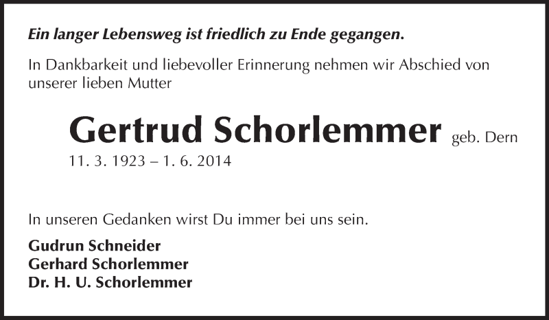  Traueranzeige für Gertrud  gebSchorlemmer vom 07.06.2014 aus Echo-Zeitungen (Gesamtausgabe)