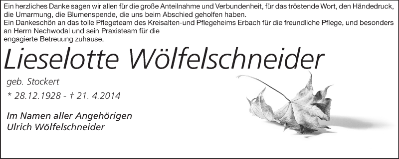  Traueranzeige für Lieselotte Wölfelschneider vom 06.06.2014 aus Odenwälder Echo