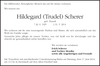 Traueranzeige von Hildegard  Scherer von Echo-Zeitungen (Gesamtausgabe)