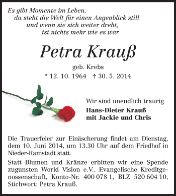 Traueranzeige von Petra Krauß von Echo-Zeitungen (Gesamtausgabe)