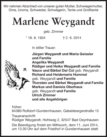 Traueranzeige von Marlene Weygandt von Echo-Zeitungen (Gesamtausgabe)