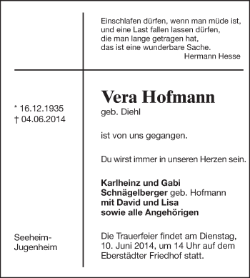 Traueranzeige von Vera Hofmann von Echo-Zeitungen (Gesamtausgabe)