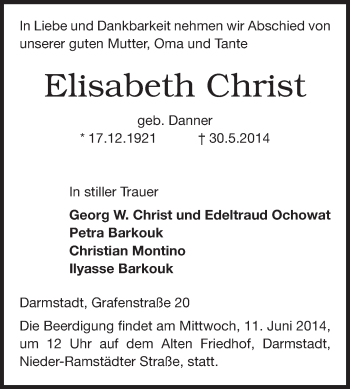 Traueranzeige von Elisabeth Christ von Echo-Zeitungen (Gesamtausgabe)