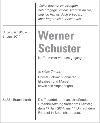 Traueranzeige von Werner Schuster von Echo-Zeitungen (Gesamtausgabe)