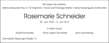 Traueranzeige von Rosemarie Schneider von Darmstädter Echo, Odenwälder Echo, Rüsselsheimer Echo, Groß-Gerauer-Echo, Ried Echo