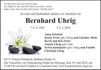 Traueranzeige von Bernhard Uhrig von Odenwälder Echo