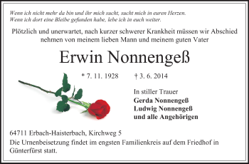 Traueranzeige von Erwin Nonnengeß von Odenwälder Echo