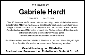 Traueranzeige von Gabriele Hardt von Echo-Zeitungen (Gesamtausgabe)