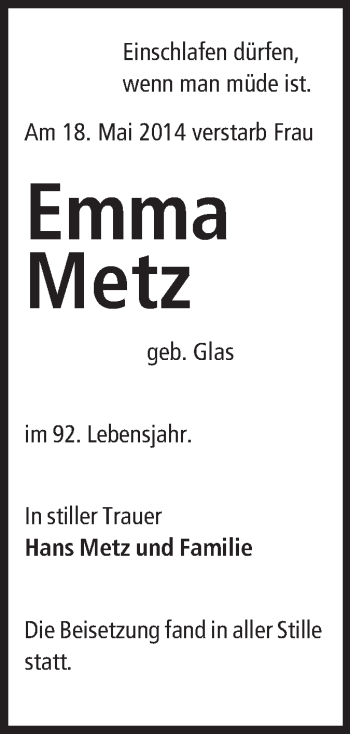 Traueranzeige von Emma Metz von Rüsselsheimer Echo, Groß-Gerauer-Echo, Ried Echo