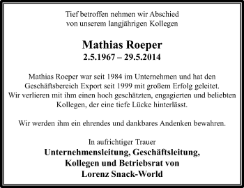 Traueranzeige von Mathias Roeper von Echo-Zeitungen (Gesamtausgabe)
